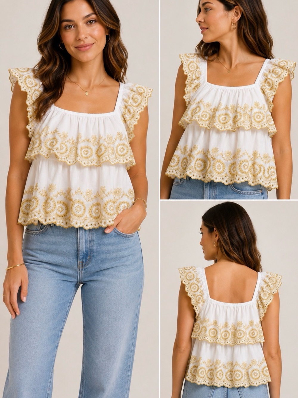 Liv Los Angeles NWT White Gold Eyelet Embroidered Tiered Ruffle Top Large